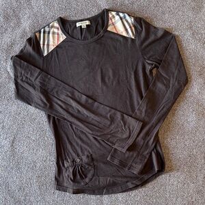 Vintage Burberry Chocolate Brown Top with Plaid Shoulder Detail (Size S)